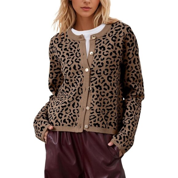 Sweaters - Leopard Cardigan Cotton Blend Long Sleeve Open Front Button Casual Top